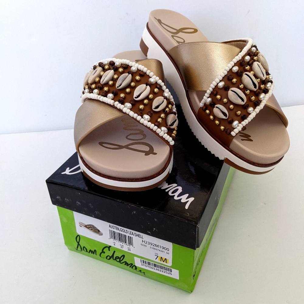 SAM Edelman Austen Platform Slip on Sandals Gold Leather Cowrie Shell Beads - Picture 12 of 12
